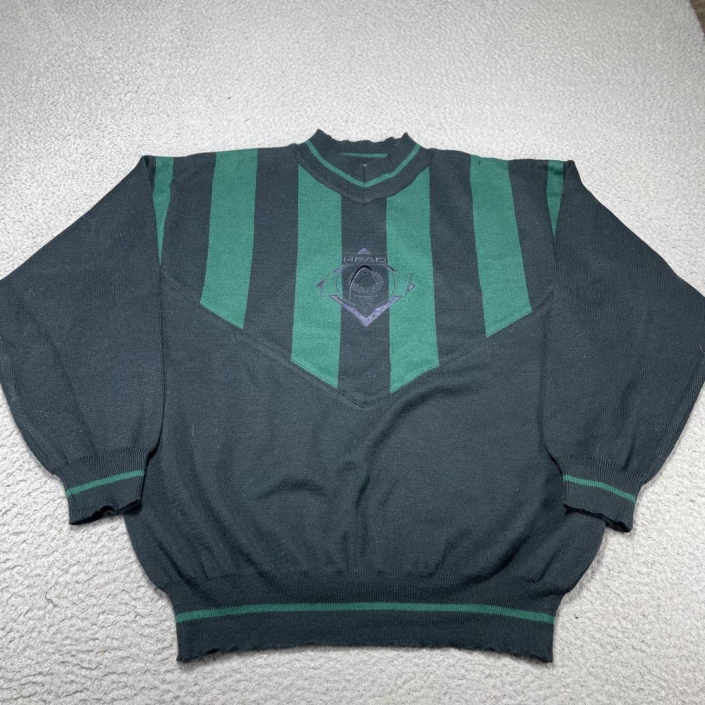 Vintage Head Sweater Mens Medium Green Stripe Knit Tennis Crewneck Pullover 90s‎